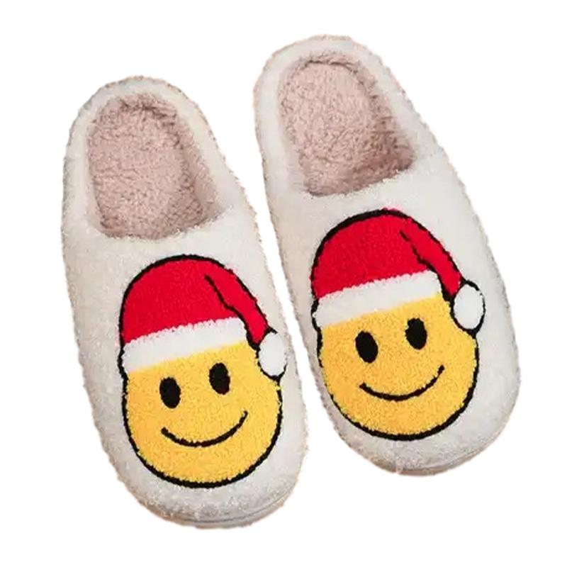 PacificPlex Womens Christmas Holiday Winter Santa Slippers FA LA LA String Lights Retro Plush Warm Slip-on Happy Face Smiley christmas slipper Women's Plush flat slipper