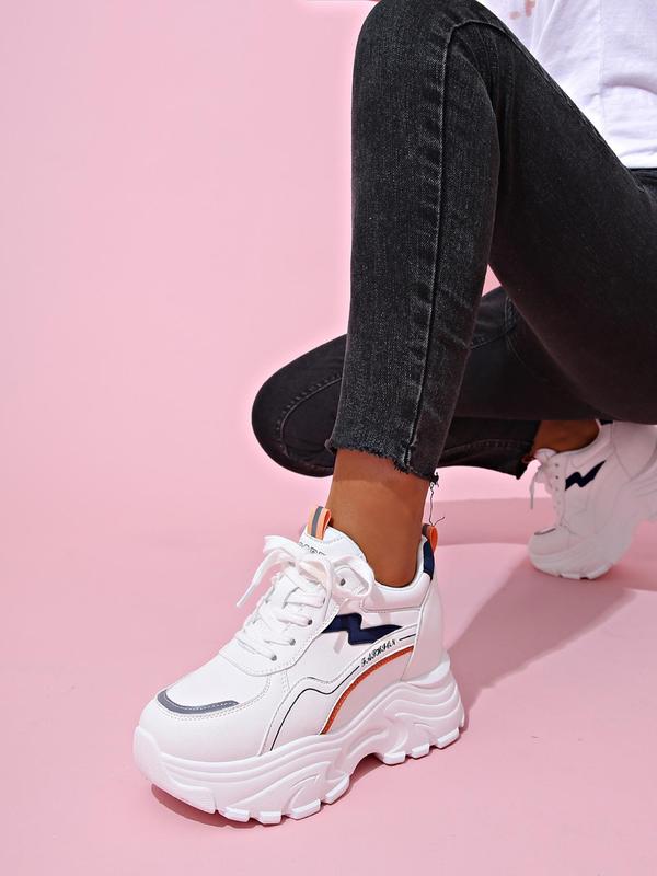 Women's Fashion Letter Detail Patched Design Lace Up Front Low Top Platform Chunky Sneakers, Casual Comfortable Sports Shoes For Daily Wear