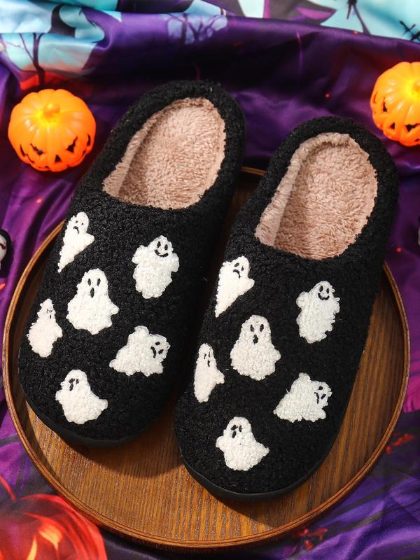 Women's 2024 Cute Cartoon Ghost Print Plush Slippers, Soft Comfortable Home Slippers, Warm Slippers for Indoor & Outdoor Use for Gifts, Back To School, Fall Outfits, Fall Freshness