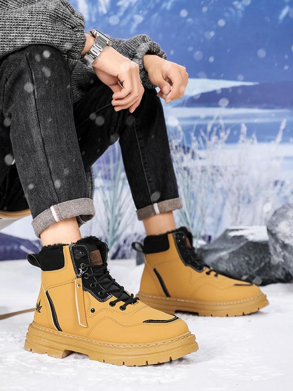 Men's Fashionable Leaf Print Lace Up Snow Boots, Casual Comfortable Warm Thermal Lined Boots for Winter, Male All-match Trendy Boots for Daily Wear