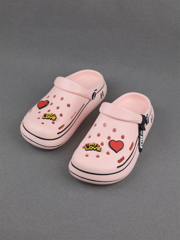 Women's Cute Cartoon Heart Design Decor Clogs, 2024 New Style Casual Comfortable Hollow Out Letter Design Clogs, Fashionable Shoes for Beach Vacation