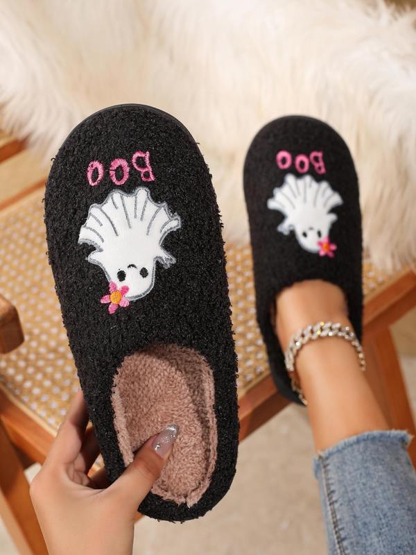 Women's 2024 Cute Cartoon Ghost Print Plush Slippers, Soft Comfortable Home Slippers, Warm Slippers for Indoor & Outdoor Use for Gifts, Back To School, Fall Outfits, Fall Freshness