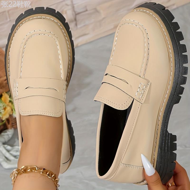 Women's Solid Color Chunky Heel Loafers, Fashion Preppy Style Dress Shoes, Comfortable Slip On Shoes Footwear Girl