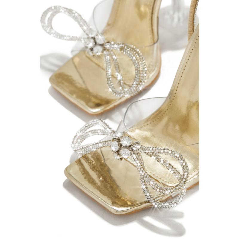 Amaria Embellished Bow Strap High Heels - Gold