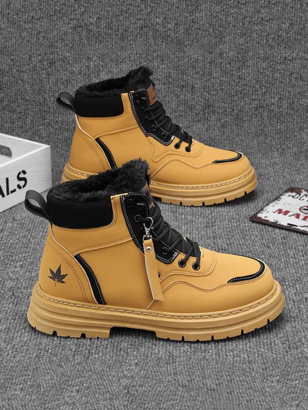 Men's Fashionable Leaf Print Lace Up Snow Boots, Casual Comfortable Warm Thermal Lined Boots for Winter, Male All-match Trendy Boots for Daily Wear