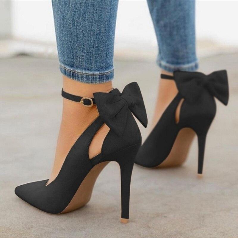 New Sweet Bow Pointed Toe Low-Cut Shoes Stiletto Heels Wish Foreign Trade Shoes 40-43 Large Size Shoes