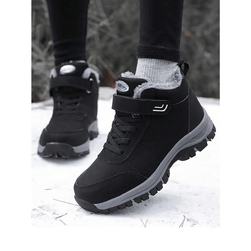 Autumn Winter Outdoor High-Top Shoes, Fur-Lined Snow Boots, Casual Unisex Couples Style, Cross-Border Waterproof Leather Shoes, Anti-Slip Plush Winter Shoes For Middle-Aged & Elderly