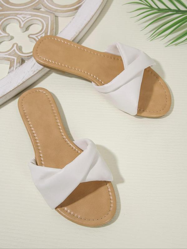 Women's Simple Plain Soft PU Leather Flat Sandals, Casual Comfortable Non-slip Slide Sandals for Summer, Lightweight Breathable Shoes for Daily Wear