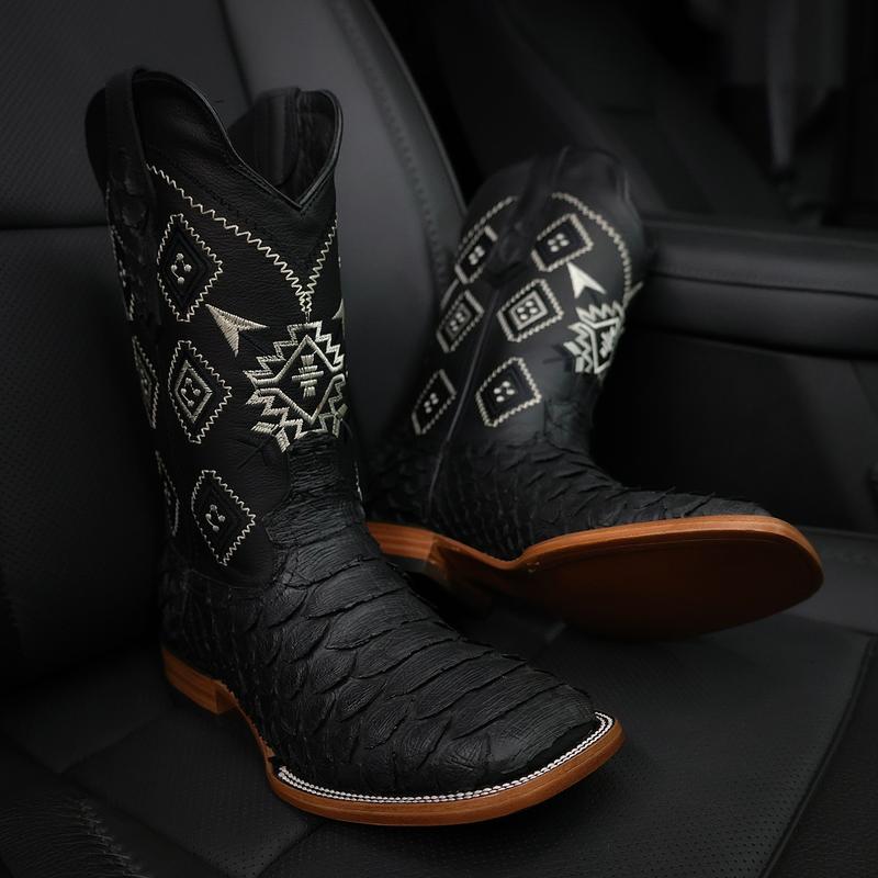 Matte Black Jumbo Python Leather Boots  Square Toe