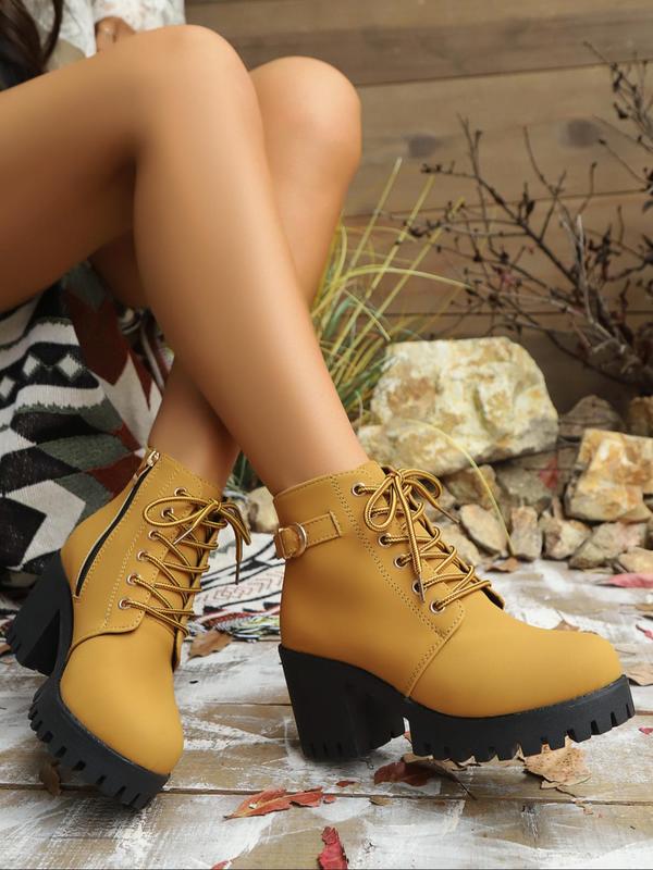 Women's Fashionable Solid Color Lace Up Ankle Boots, Casual Comfortable Warm Thick Sole Boots for Fall & Winter, Female All-match Trendy Shoes for Daily Wear