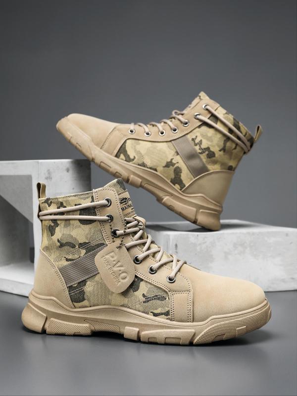 Men's Fashion Camo Print Lace Up Mid-calf Boots, Casual Comfortable Soft Sole Boots for Outdoor Sports, Male All-match Trendy Shoes for Daily Wear Lazy Boy