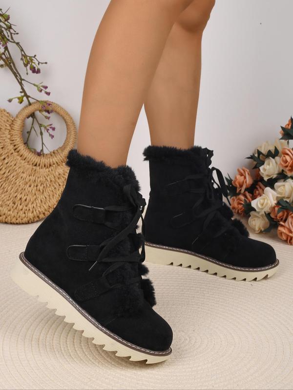 Women's Solid Color Fluffy Lined Snow Boots, Casual Comfortable Ankle Boots for Fall & Winter, Flat Shoes for Women & Girls