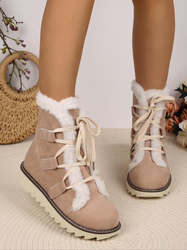 Women's Solid Color Fluffy Lined Snow Boots, Casual Comfortable Ankle Boots for Fall & Winter, Flat Shoes for Women & Girls