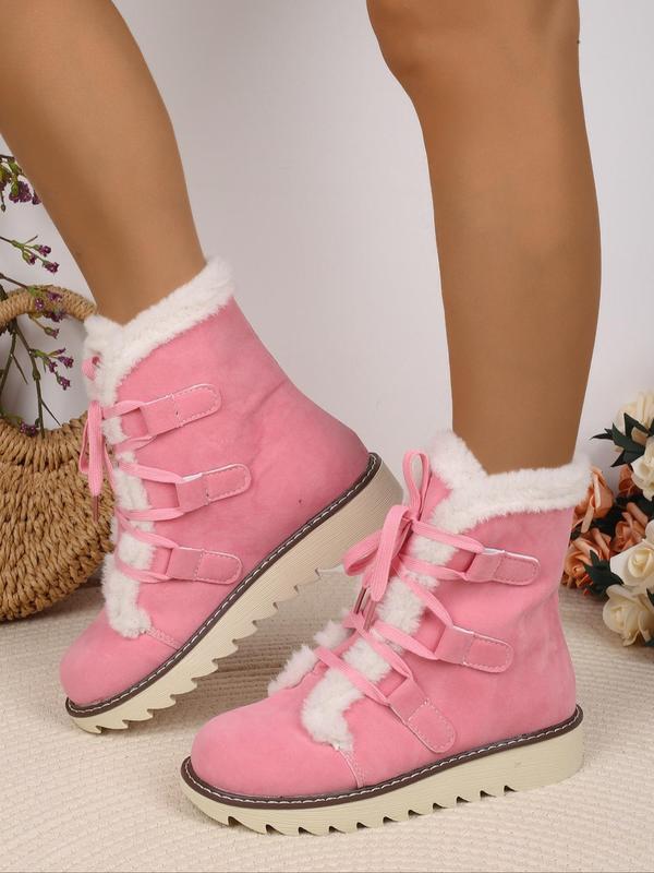 Women's Solid Color Fluffy Lined Snow Boots, Casual Comfortable Ankle Boots for Fall & Winter, Flat Shoes for Women & Girls