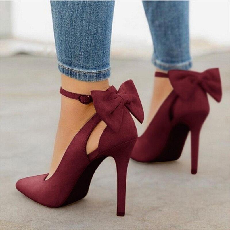 New Sweet Bow Pointed Toe Low-Cut Shoes Stiletto Heels Wish Foreign Trade Shoes 40-43 Large Size Shoes