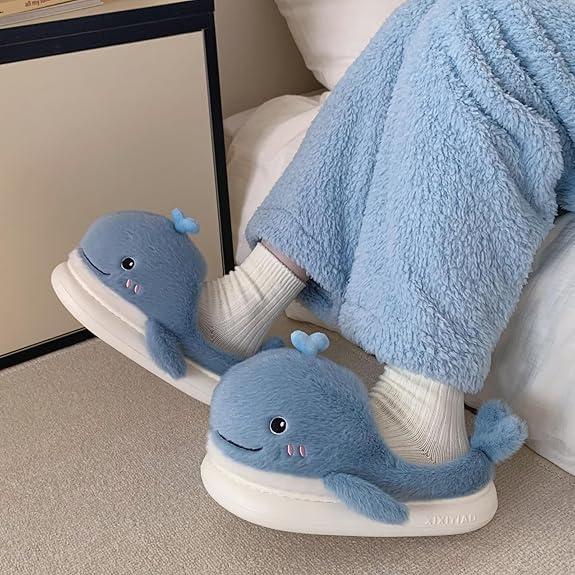 XIXITIAO Cute Fluffy Whale Slippers for Women Men,Cartoon Animal Cotton Plush Home Shoes, Fall & Winter Cozy Warm Bedroom Household Slides Indoor and Outdoor, Designer Slides