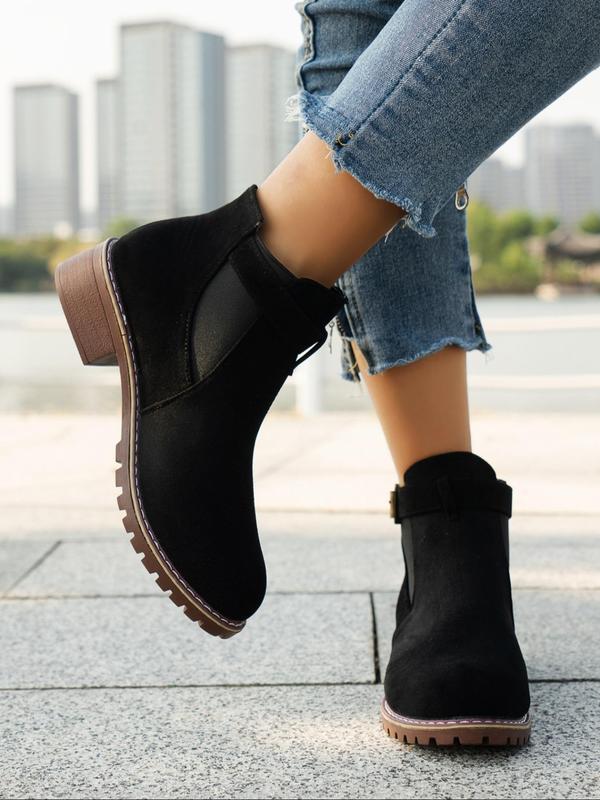 Women's Fashionable Solid Color Belted Design Ankle Boots, Casual Comfortable Round Toe Boots for Daily Wear, All Match Boots for Women & Girls