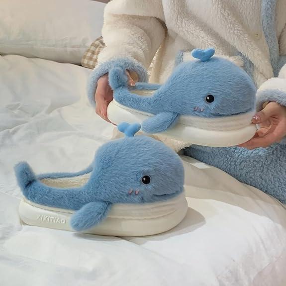 XIXITIAO Cute Fluffy Whale Slippers for Women Men,Cartoon Animal Cotton Plush Home Shoes, Fall & Winter Cozy Warm Bedroom Household Slides Indoor and Outdoor, Designer Slides