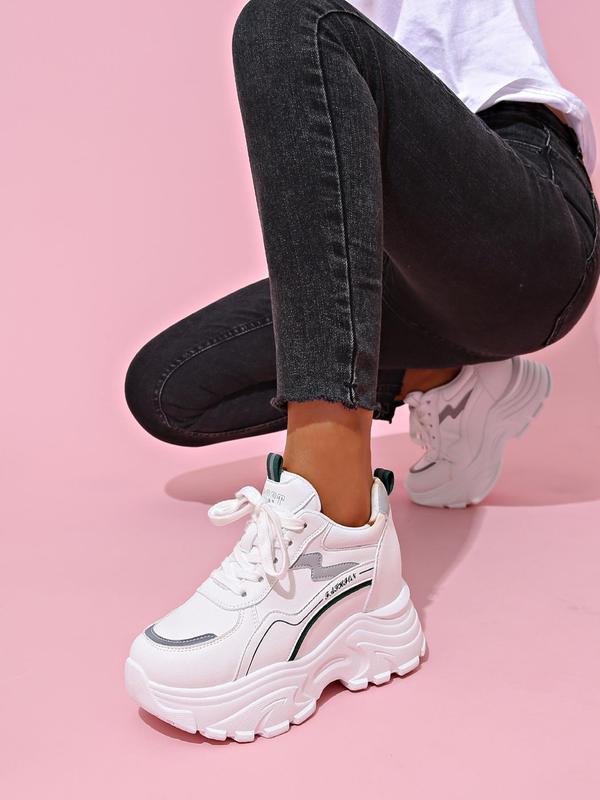 Women's Fashion Letter Detail Patched Design Lace Up Front Low Top Platform Chunky Sneakers, Casual Comfortable Sports Shoes For Daily Wear