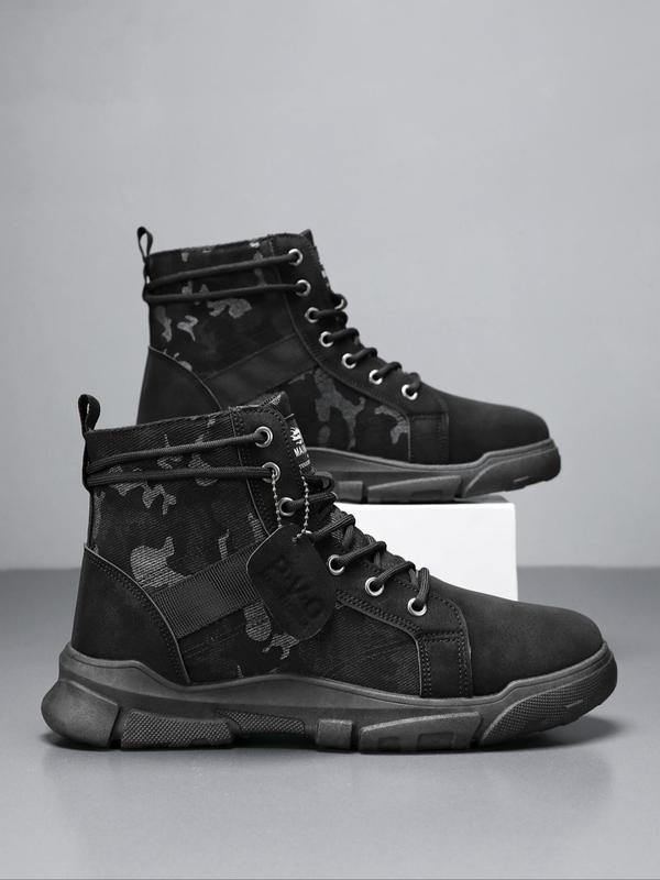 Men's Fashion Camo Print Lace Up Mid-calf Boots, Casual Comfortable Soft Sole Boots for Outdoor Sports, Male All-match Trendy Shoes for Daily Wear Lazy Boy