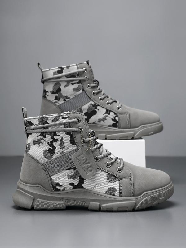 Men's Fashion Camo Print Lace Up Mid-calf Boots, Casual Comfortable Soft Sole Boots for Outdoor Sports, Male All-match Trendy Shoes for Daily Wear Lazy Boy