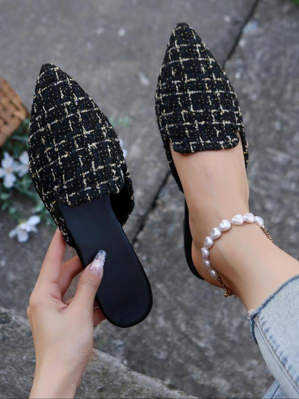 Women's Fashionable Plaid Pattern Slip on Flats, Casual Comfortable Pointed Toe Flat Shoes for Daily Wear, Lightweight Breathable Mule Shoes for Women & Girls