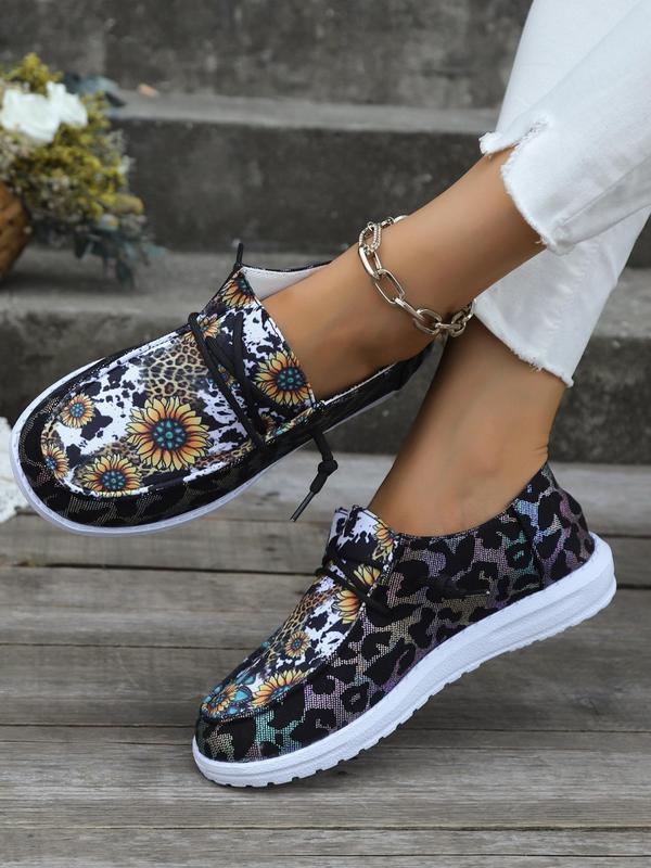 2024 Fashionable Slip-on Shoes for Women, Casual Matching Comfortable Floral & Leopard Print Round Toe Sports Shoes for Daily Wear, Flat Shoes for Active for All Seasons, Simple Walking Shoes