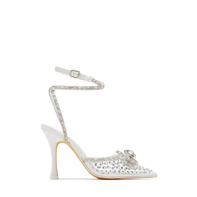 Elina Embellished Ankle Strap Pumps - White