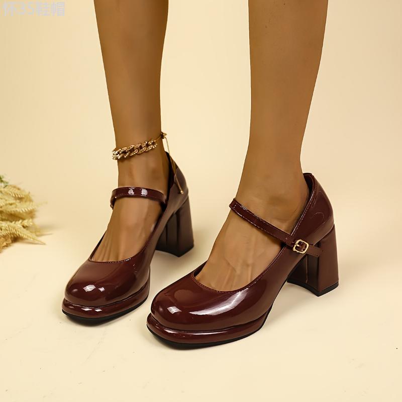 Preppy Style All-Season Mary Jane Pumps for Women - High Block Heel, Round Toe, Water-Resistant, Solid Color, PU Upper Inner Sole - Taizhou Origin, North America & European Special Edition Girl Shoe Footwear Classy Stylish Walking Shoes Elegant High Heels