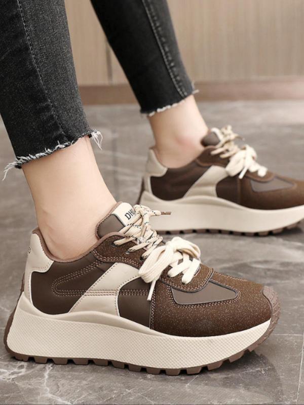 Women's Fashion Colorblock Lace Up Low Top Sneakers, Casual Comfortable Sports Running Shoes, All-match Round Toe Chunky Sneakers for Daily Wear