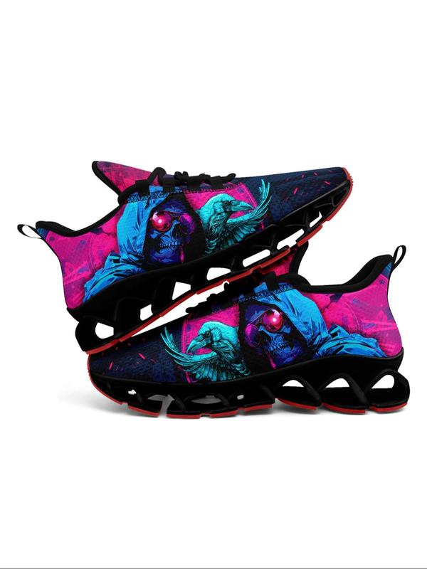 Men's Colorblock Skull & Eagle Design Lace Up Low Top Sneakers, Casual Comfortable Breathable Sports Running Shoes, Gym Training Sport Walking Shoes