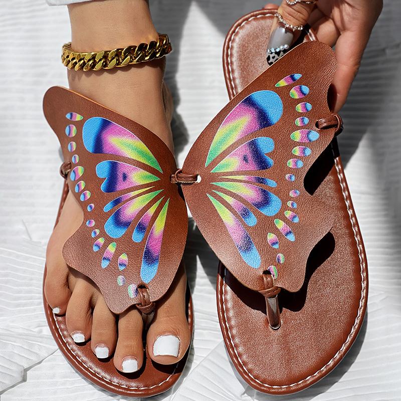 Colorblock Butterfly Print Toe Post Slippers