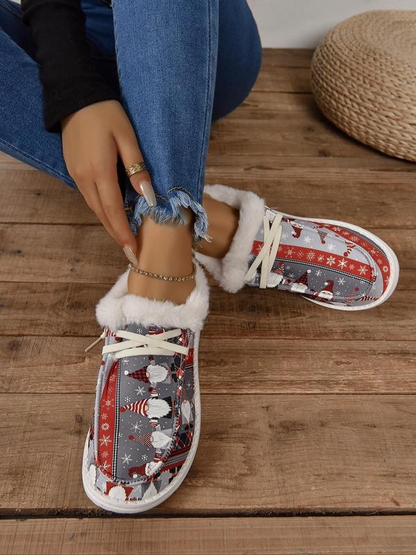 Women's Christmas Print Lace Up Low Top Sneakers, Casual Comfortable Warm Plush Lined Shoes for Daily Wear, Female All-match Round Toe Shoes for Daily Wear