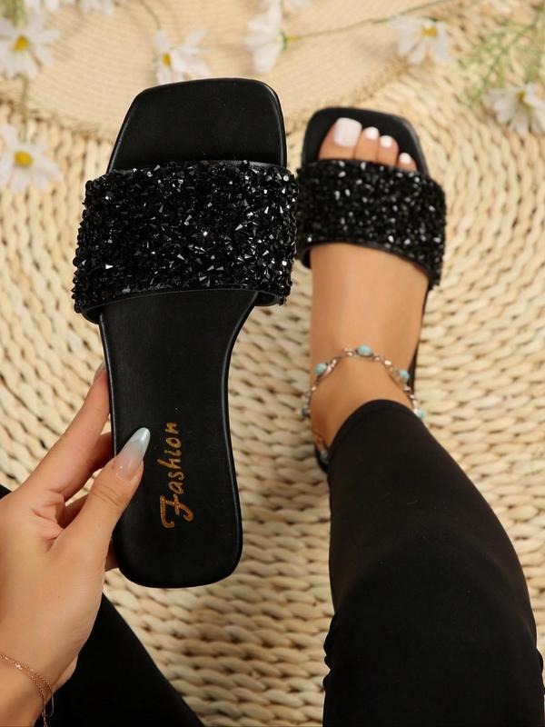 Women's Plain Rhinestone Decorated Slip on Sandals, Girl Casual Comfortable Flat Sandals for Summer, Square Toe Pu Leather Commuter Walking Shoes for Work & Daily Footwear