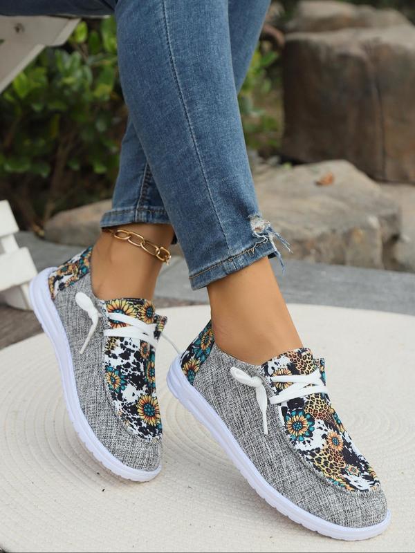 Women's 1 Pair Casual Floral & Leopard Pattern Lace up Round Toe Sneakers, Matching Breathable Comfortable Flat Shoes, Spring New Trendy Versatile Shoes for Daily Used