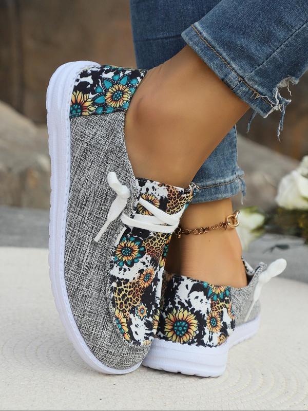 Women's 1 Pair Casual Floral & Leopard Pattern Lace up Round Toe Sneakers, Matching Breathable Comfortable Flat Shoes, Spring New Trendy Versatile Shoes for Daily Used