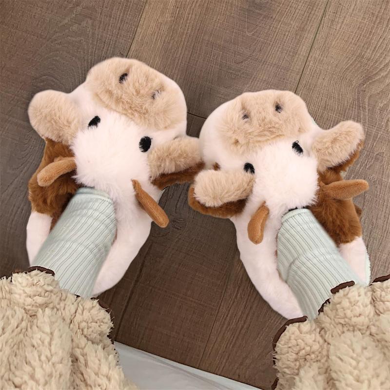 Cute Cartoon Cow Furry House Shoes For Boys, Comfortable Non Slip Soft Bottom Walking Shoes For Indoor, Autumn And Winter