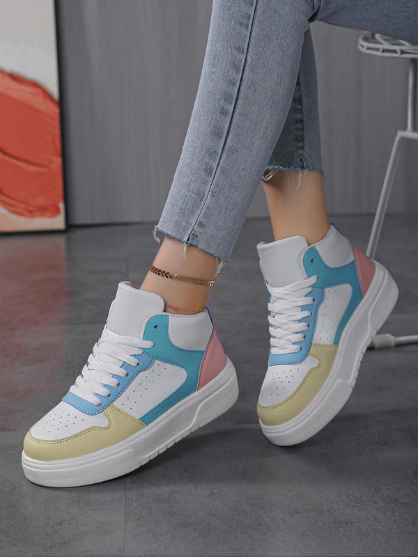 Women's Fashionable Colorblock Lace Up High Top Sneakers, Casual Comfortable Sports Shoes for Daily Wear, Female All-match Round Toe  Skate Shoes for Daily Wear