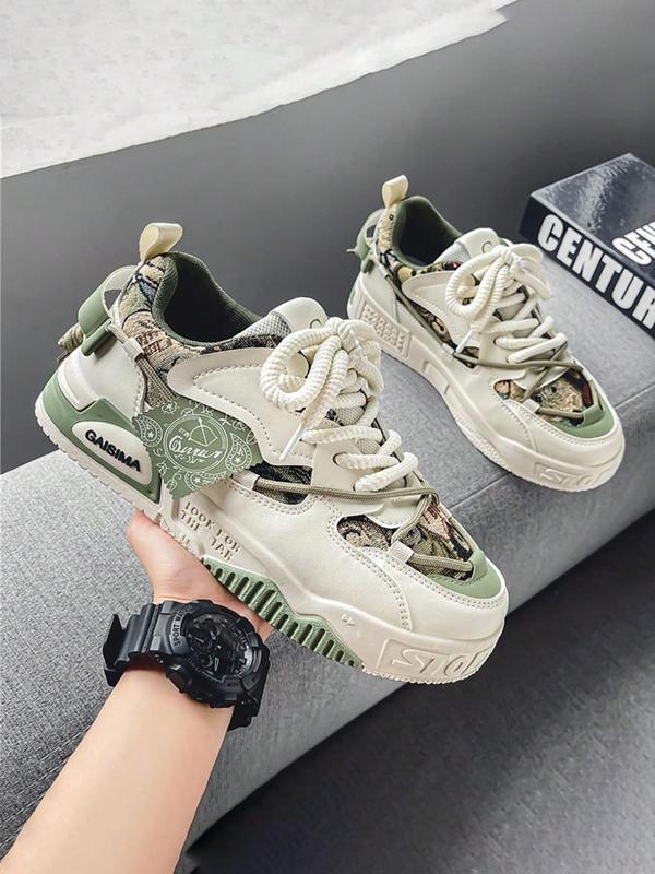 Men's Fashionable Lace Up Low Top Patched Design Sneakers, Casual Breathable Comfortable Sports Running Shoes for Men, Male All-match Round Toe Shoes for Daily Wear