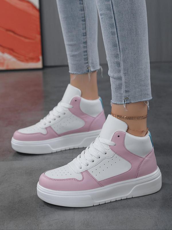 Women's Fashionable Colorblock Lace Up High Top Sneakers, Casual Comfortable Sports Shoes for Daily Wear, Female All-match Round Toe  Skate Shoes for Daily Wear