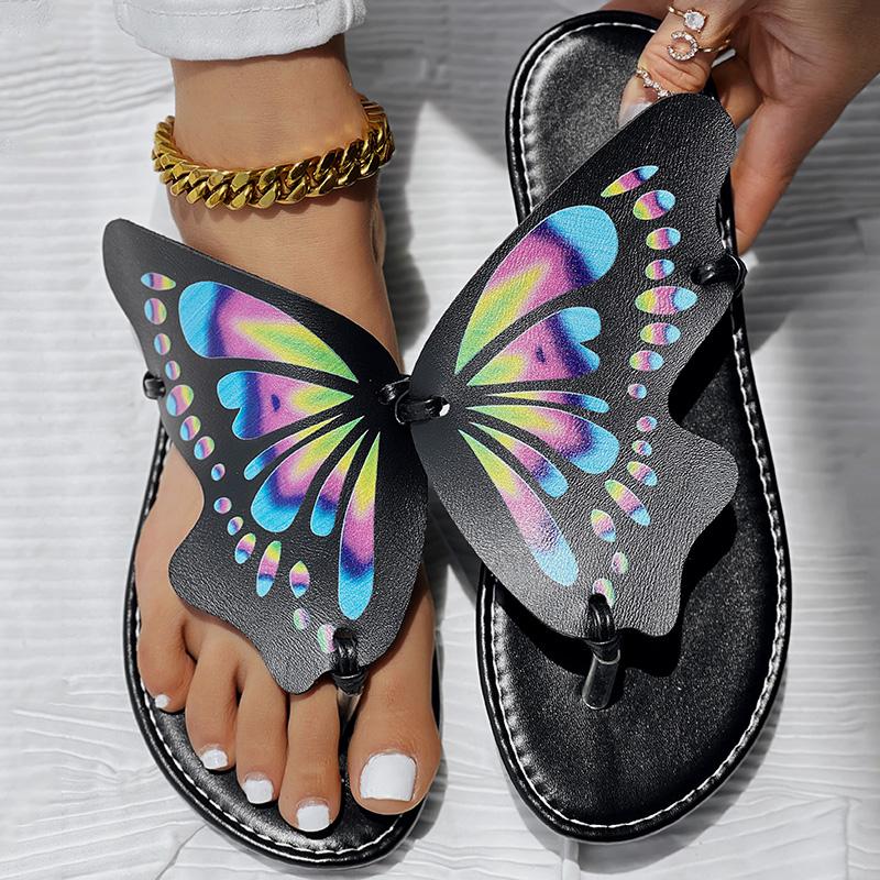 Colorblock Butterfly Print Toe Post Slippers