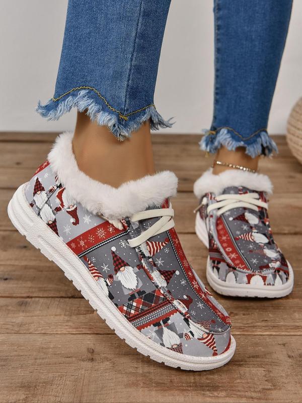 Women's Christmas Print Lace Up Low Top Sneakers, Casual Comfortable Warm Plush Lined Shoes for Daily Wear, Female All-match Round Toe Shoes for Daily Wear