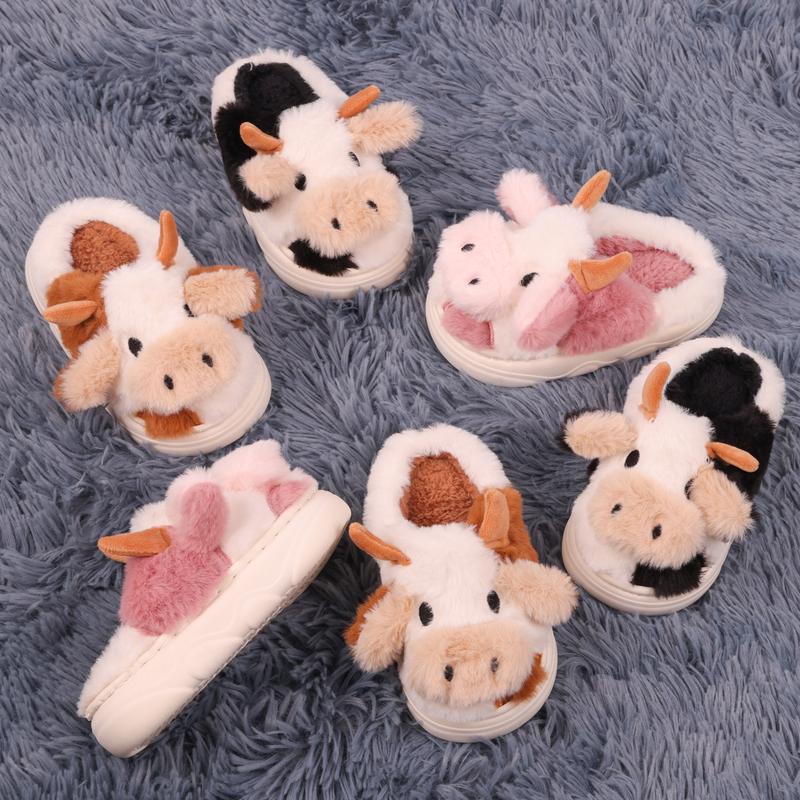 Cute Cartoon Cow Furry House Shoes For Boys, Comfortable Non Slip Soft Bottom Walking Shoes For Indoor, Autumn And Winter