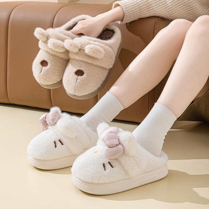 Women's Cute Cartoon Embroidery Bow Decor Plush Slippers, Casual Soft Comfortable Home Slippers, Thick Sole Warm Slippers for Indoor & Outdoor Use for Fall & Winter