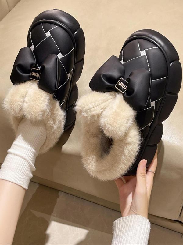 Women's Cute Bowknot Contrast Faux Fur Design Slipper Boots, Casual Soft Comfortable Home Slippers, Thick Sole Waterproof Warm Shoes for Indoor & Outdoor Use for Fall & Winter