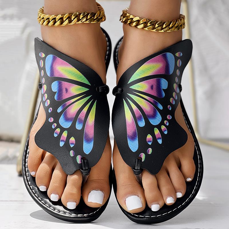 Colorblock Butterfly Print Toe Post Slippers