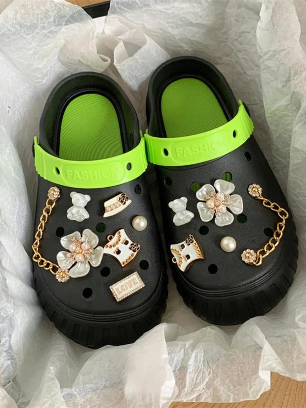 Women's Cute Minimalist Clogs with Flower & Chain Design Charm, Trendy Clogs with Faux Pearl & Rhinestone Decor Charms, Fashionable Clogs for Summer