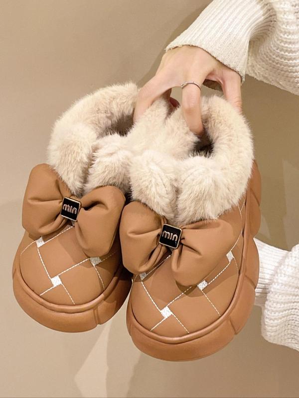 Women's Cute Bowknot Contrast Faux Fur Design Slipper Boots, Casual Soft Comfortable Home Slippers, Thick Sole Waterproof Warm Shoes for Indoor & Outdoor Use for Fall & Winter