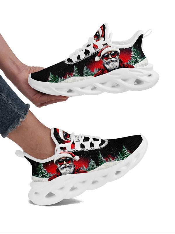 Women's Christmas Graphic Print Lace Up Front Sneakers, Casual Comfortable Breathable Sports Running Shoes, Female All-match Round Toe Chunky Sneakers for Daily Wear