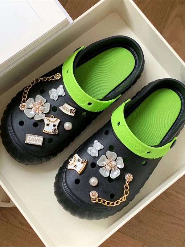 Women's Cute Minimalist Clogs with Flower & Chain Design Charm, Trendy Clogs with Faux Pearl & Rhinestone Decor Charms, Fashionable Clogs for Summer